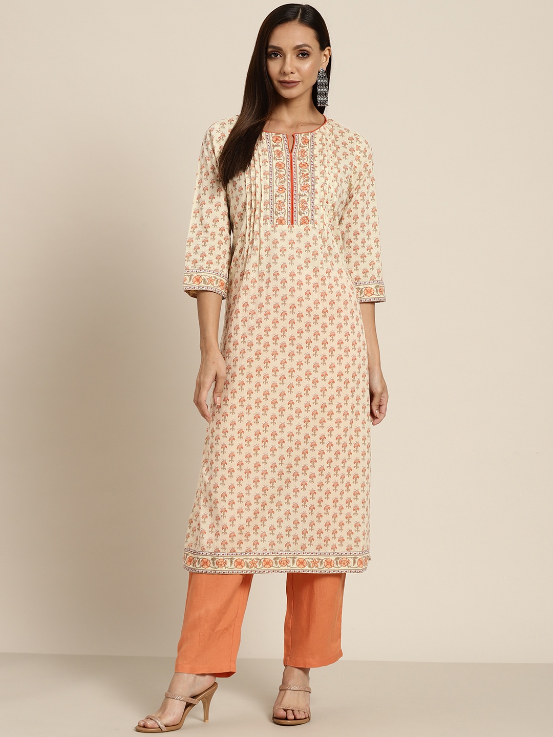 

Rain & Rainbow Women Cream-Coloured & Red Pure Cotton Printed Kurta