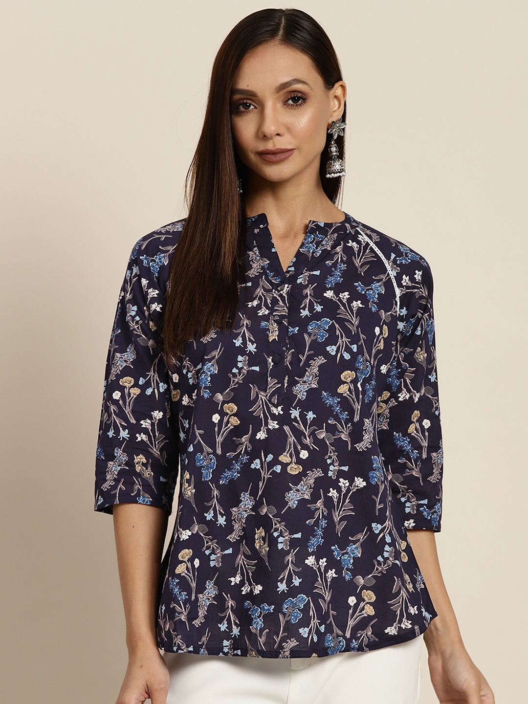 

Rain & Rainbow Navy Blue Floral Print Mandarin Collar Pure Cotton Top
