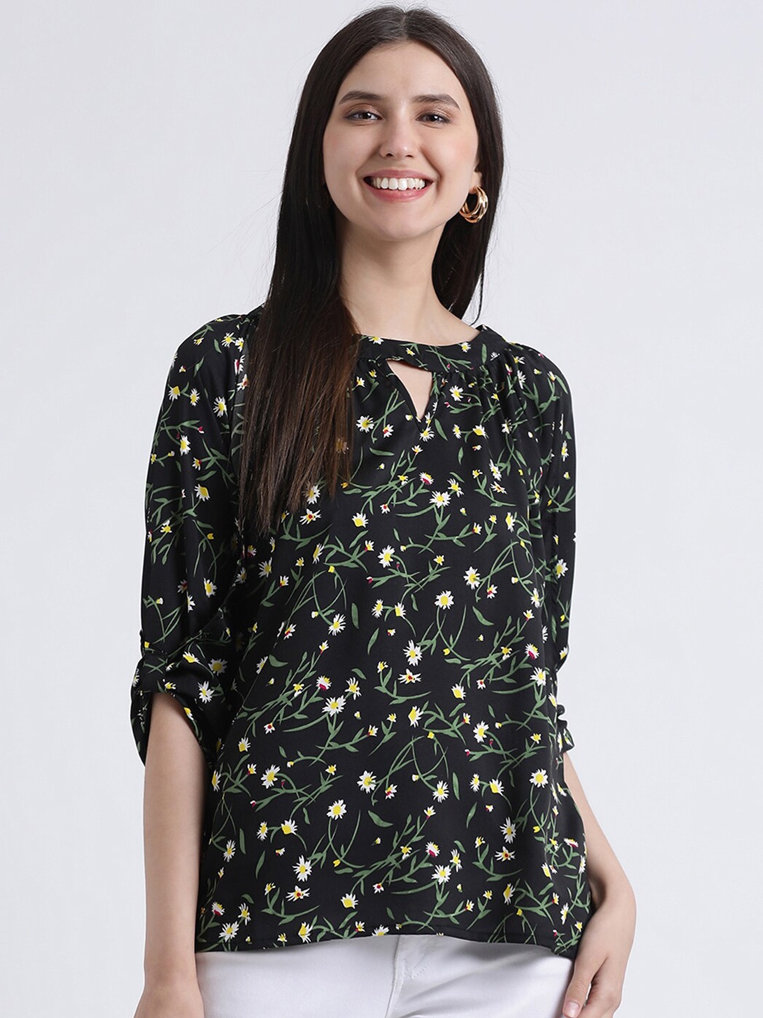 

DressBerry Black Floral Print Keyhole Neck Roll-Up Sleeves Crepe Top