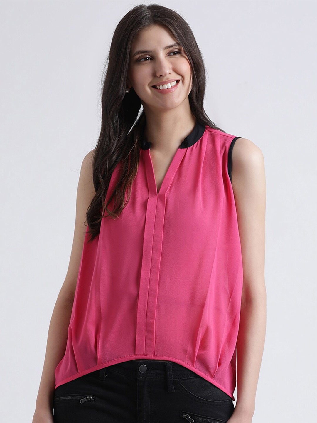 

DressBerry Pink Mandarin Collar Georgette Top