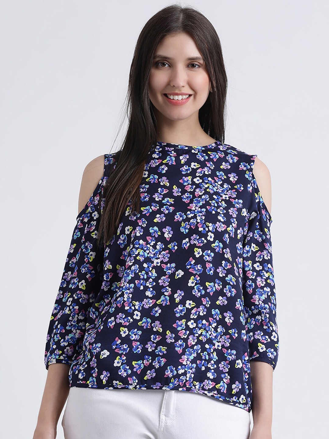 

DressBerry Navy Blue Floral Print Crepe Top