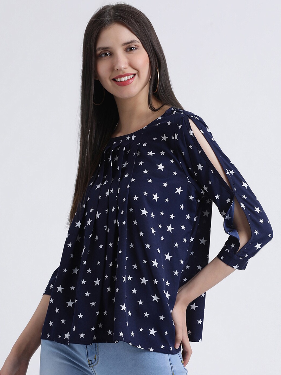 

DressBerry Navy Blue Geometric Print Crepe Top