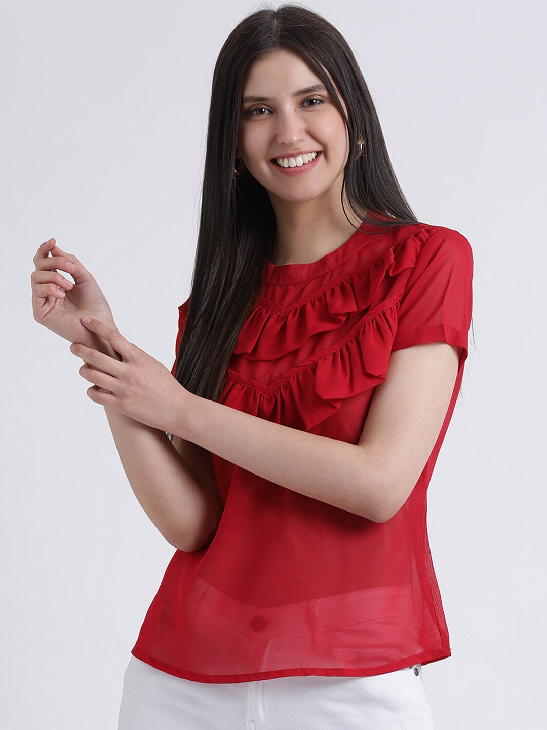 

DressBerry Red Ruffled Georgette Top