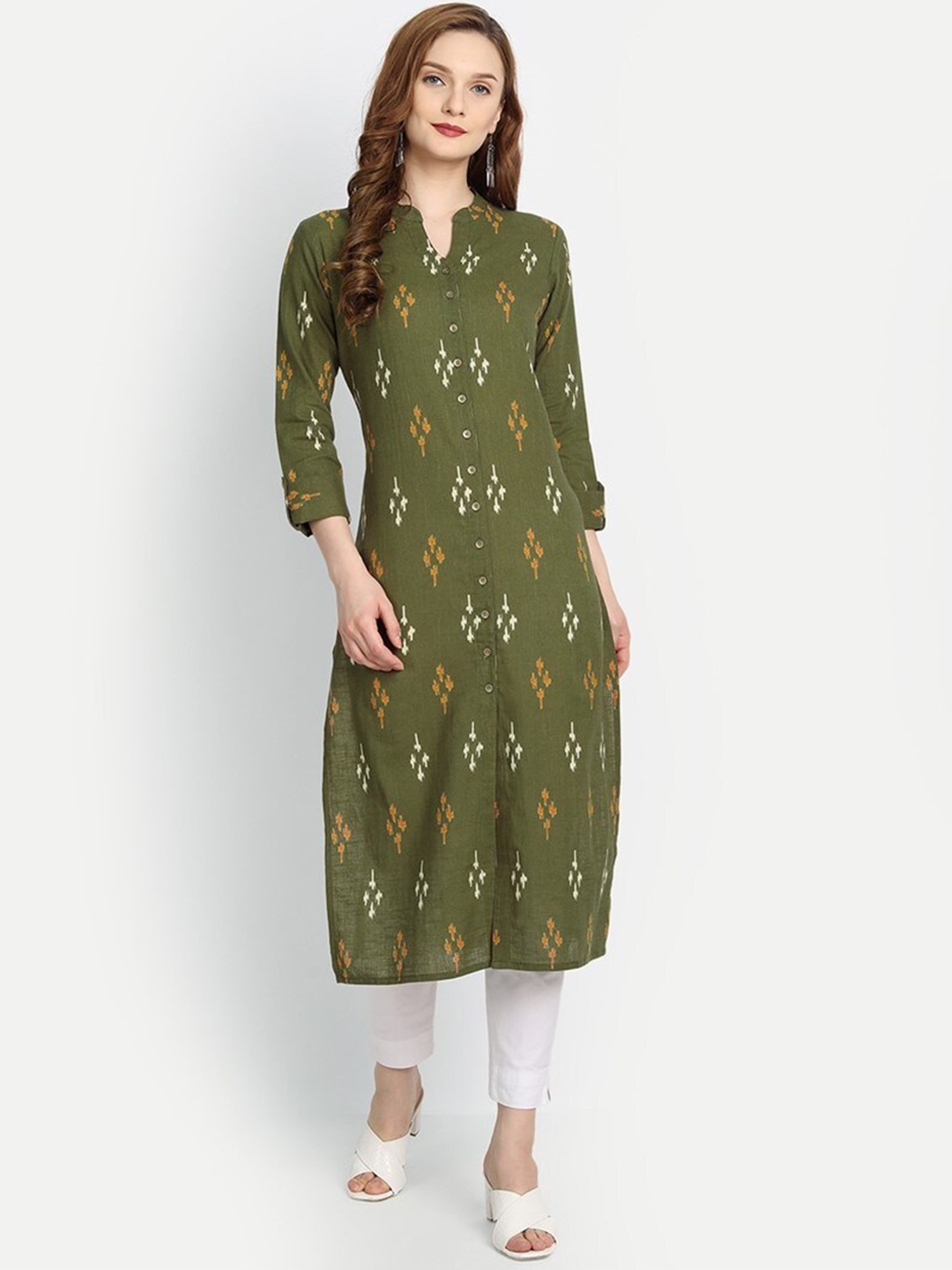 

fabGLOBAL Women Olive Green & Orange Printed Kurta