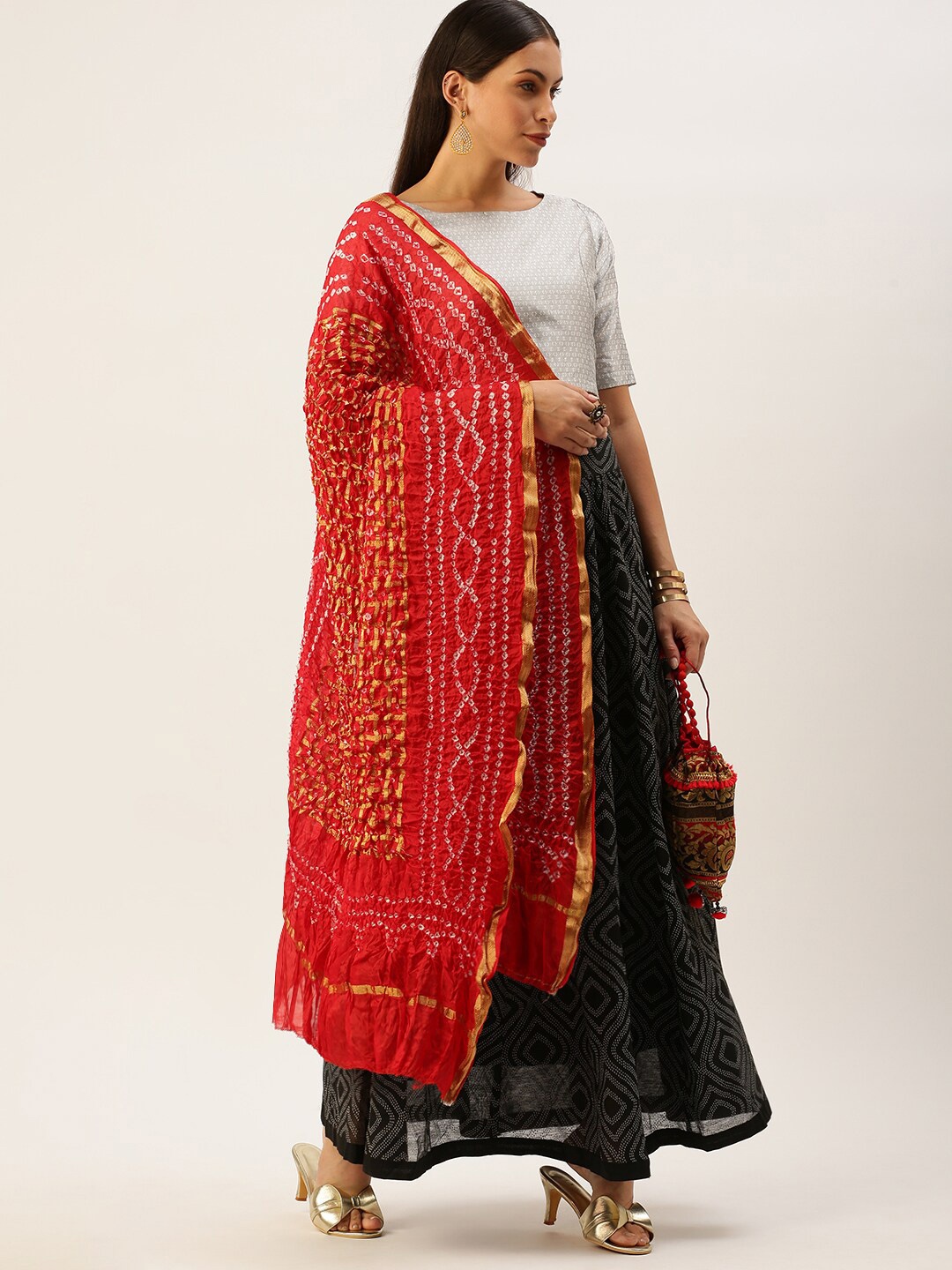 

Sanwara Red & Off White Woven Design Pure Silk Dupatta with Zari