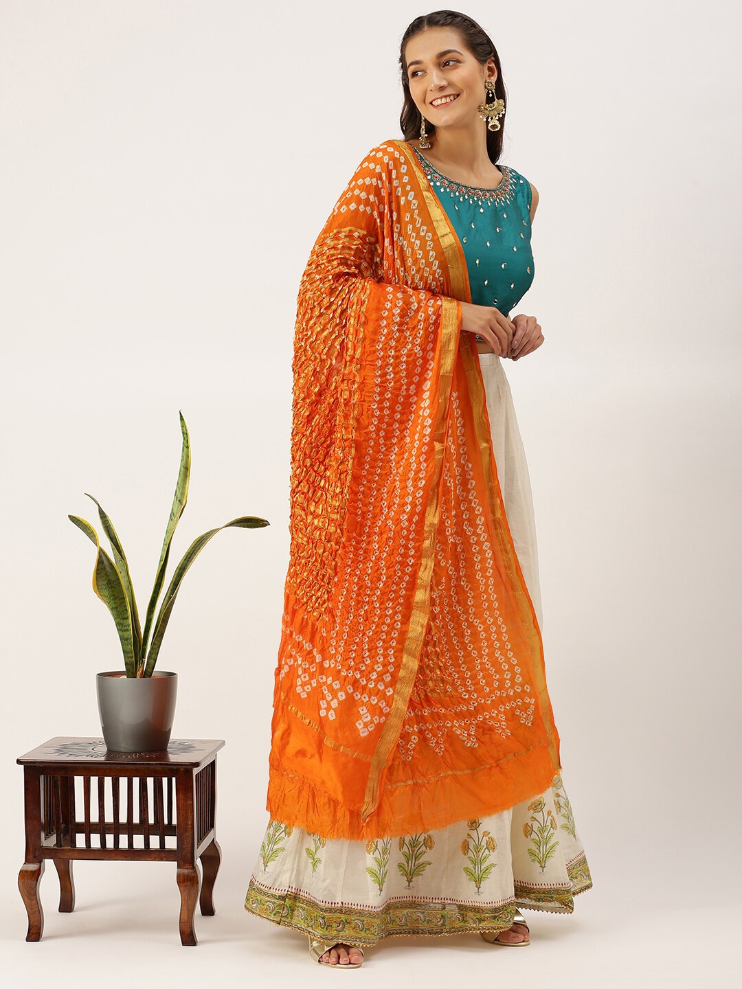 

Sanwara Orange & Off White Woven Design Pure Silk Dupatta with Zari