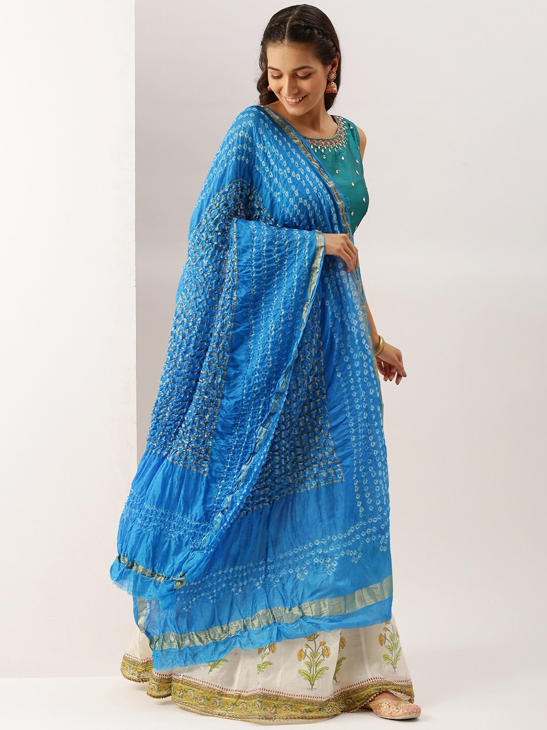 

Sanwara Blue & White Woven Design Pure Silk Bandhani Dupatta with Zari