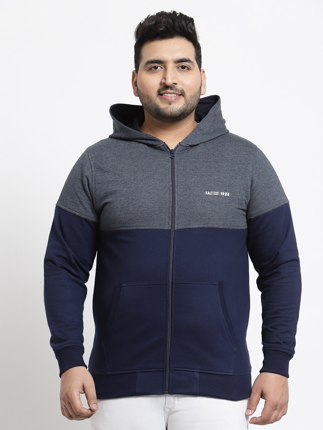 

Kalt Men Navy Blue Colourblocked Hooded Sweatshirt