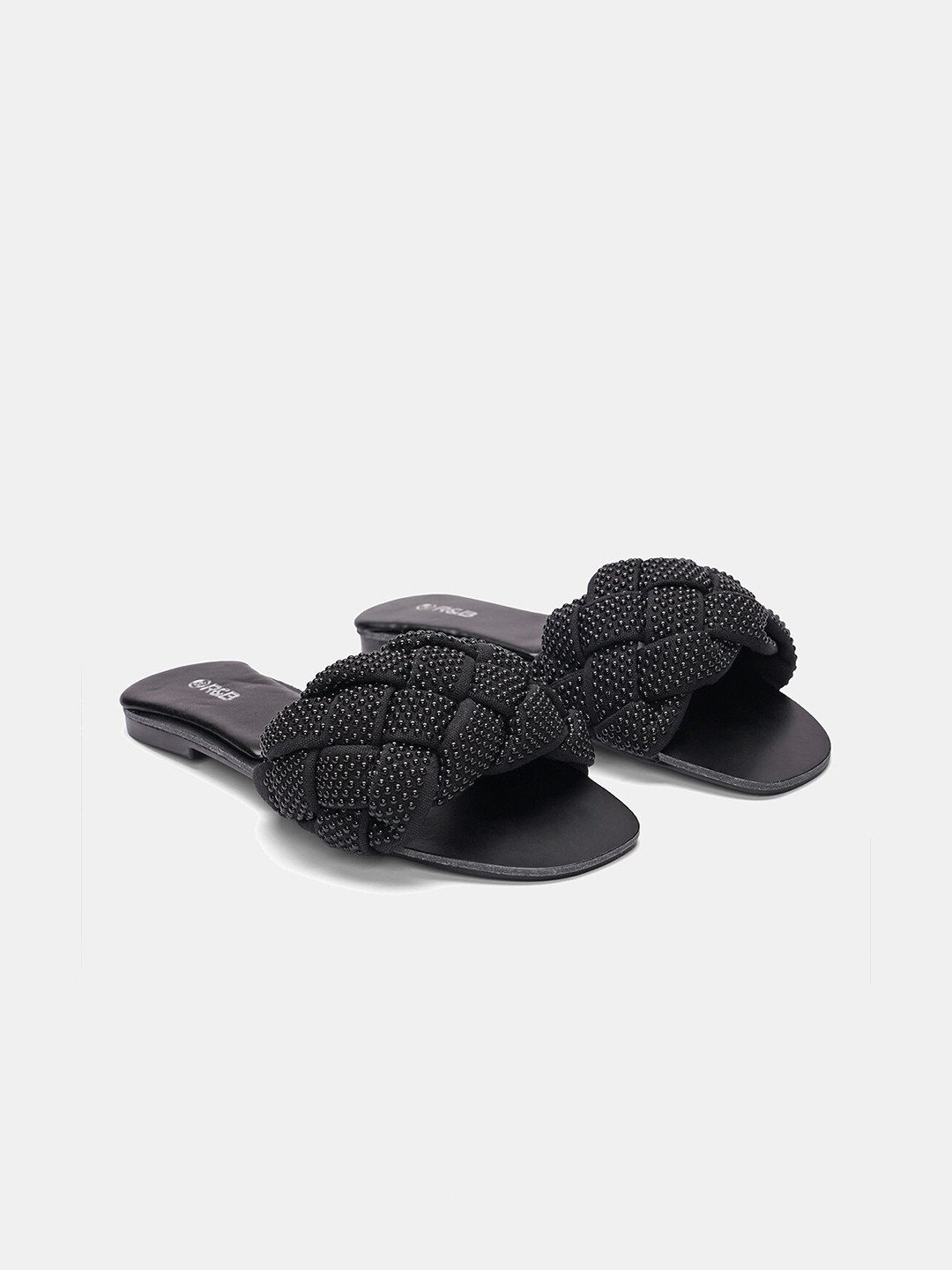

R&B Women Black Textured Open Toe Flats