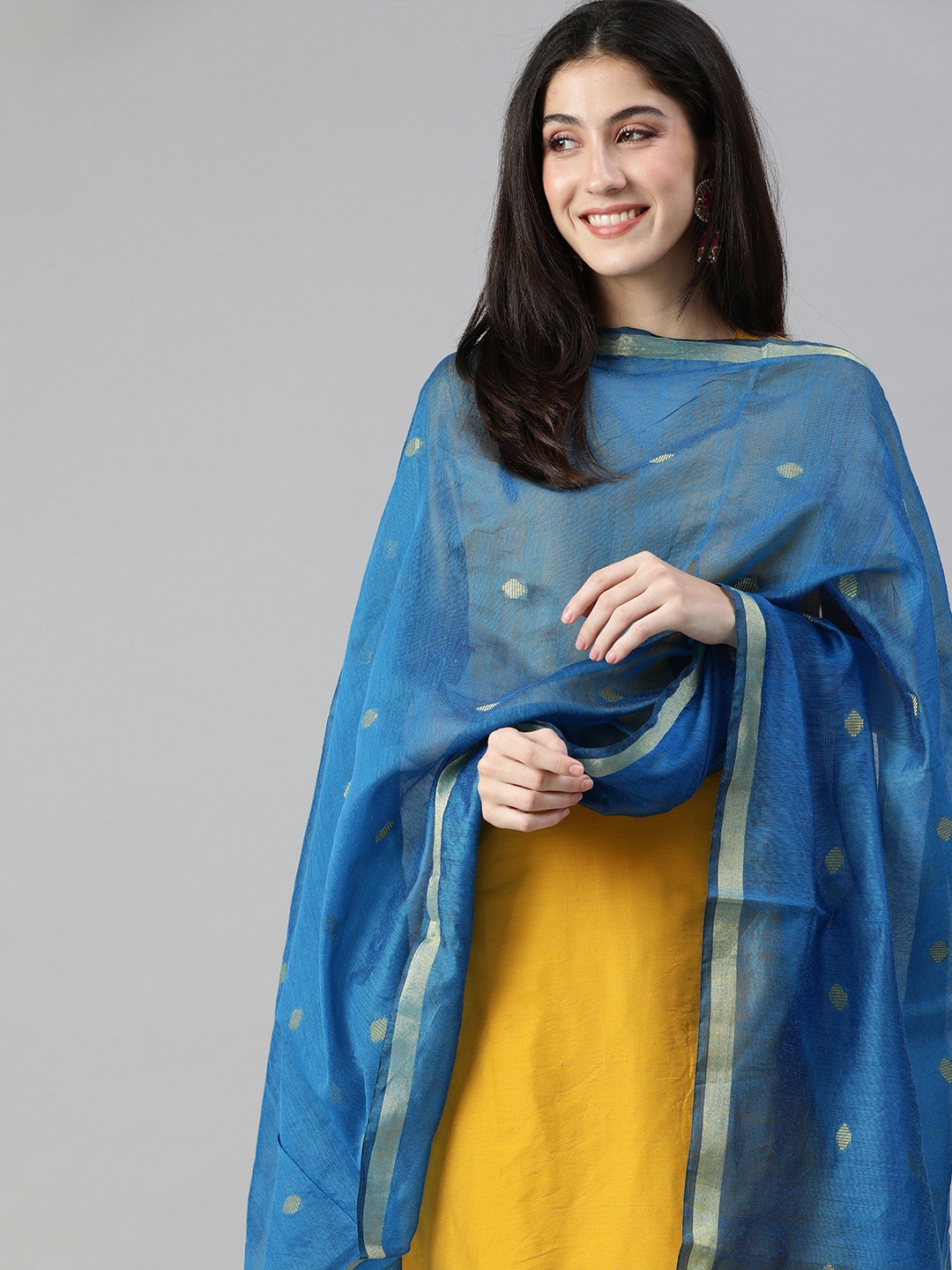 

swatika Blue & Golden Ethnic Motifs Woven Design Bhagalpuri Dupatta
