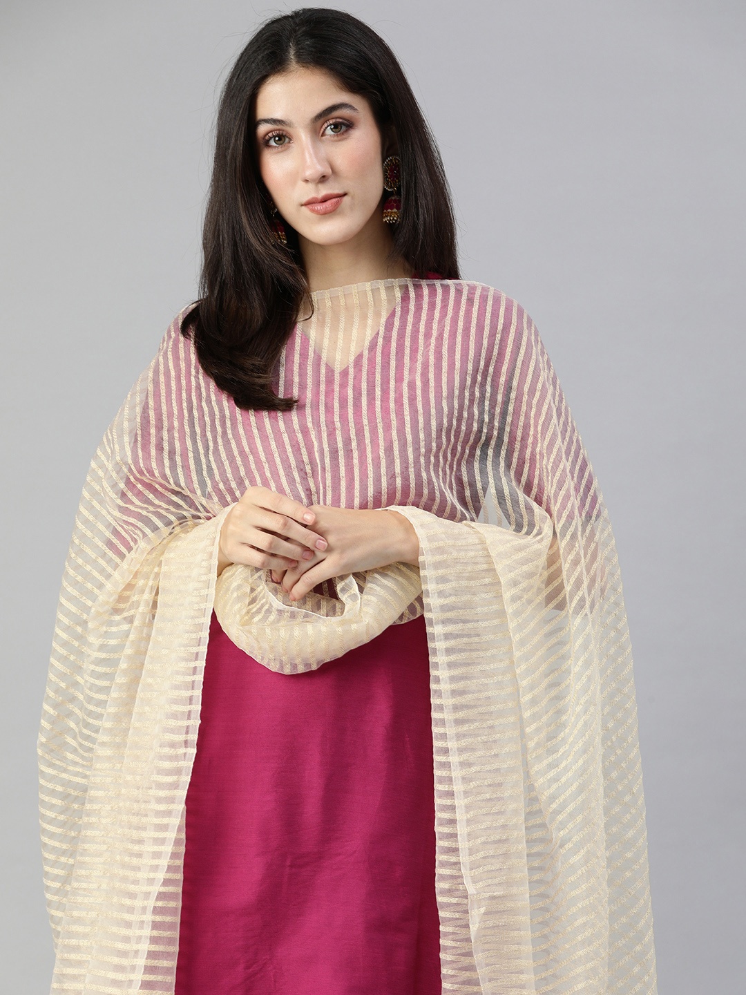 

swatika Golden Zari Woven Design Organza Dupatta, Gold