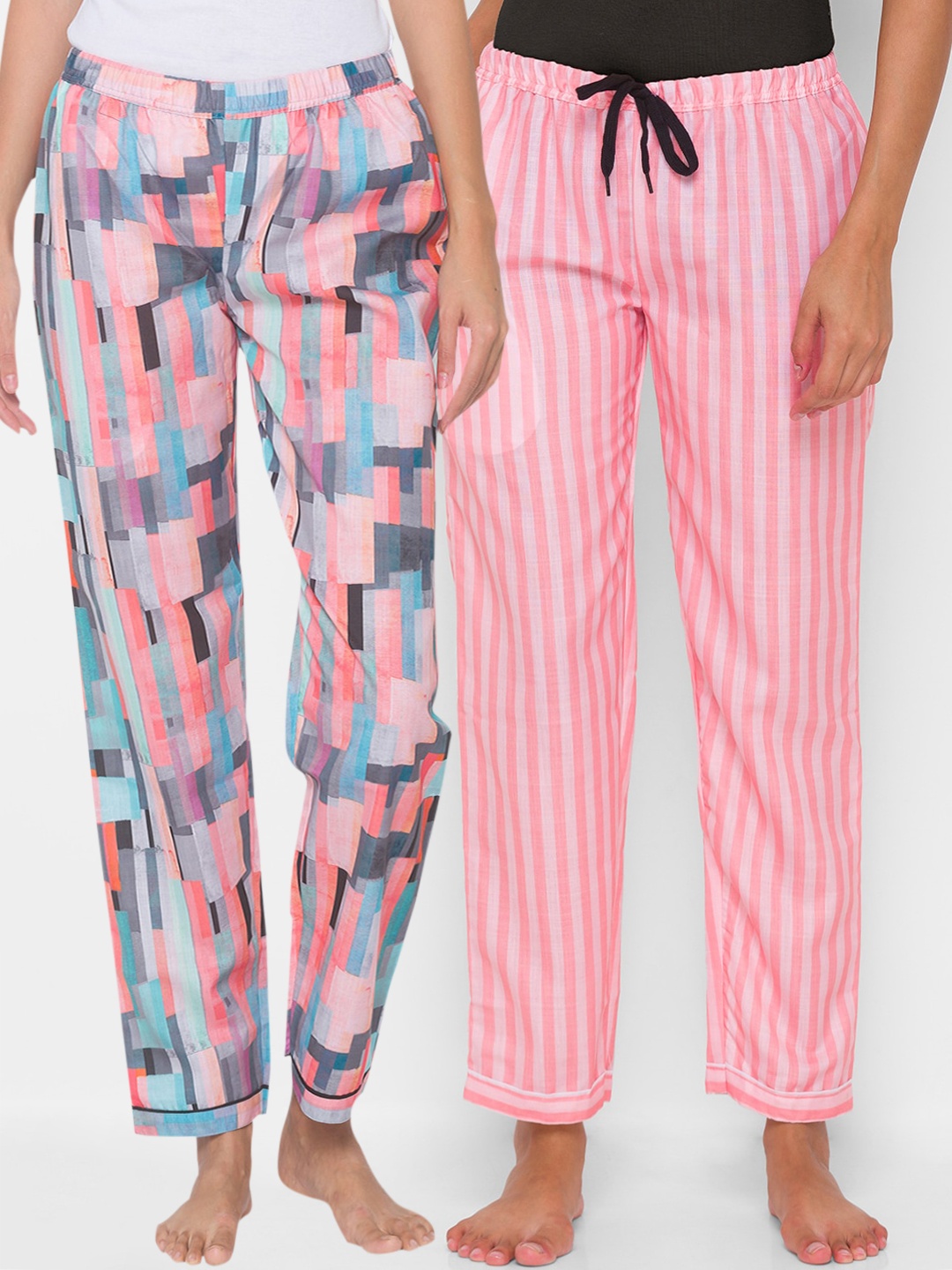 

FashionRack Women Pack of 2 Pink & Blue Printed Cotton Lounge Pants