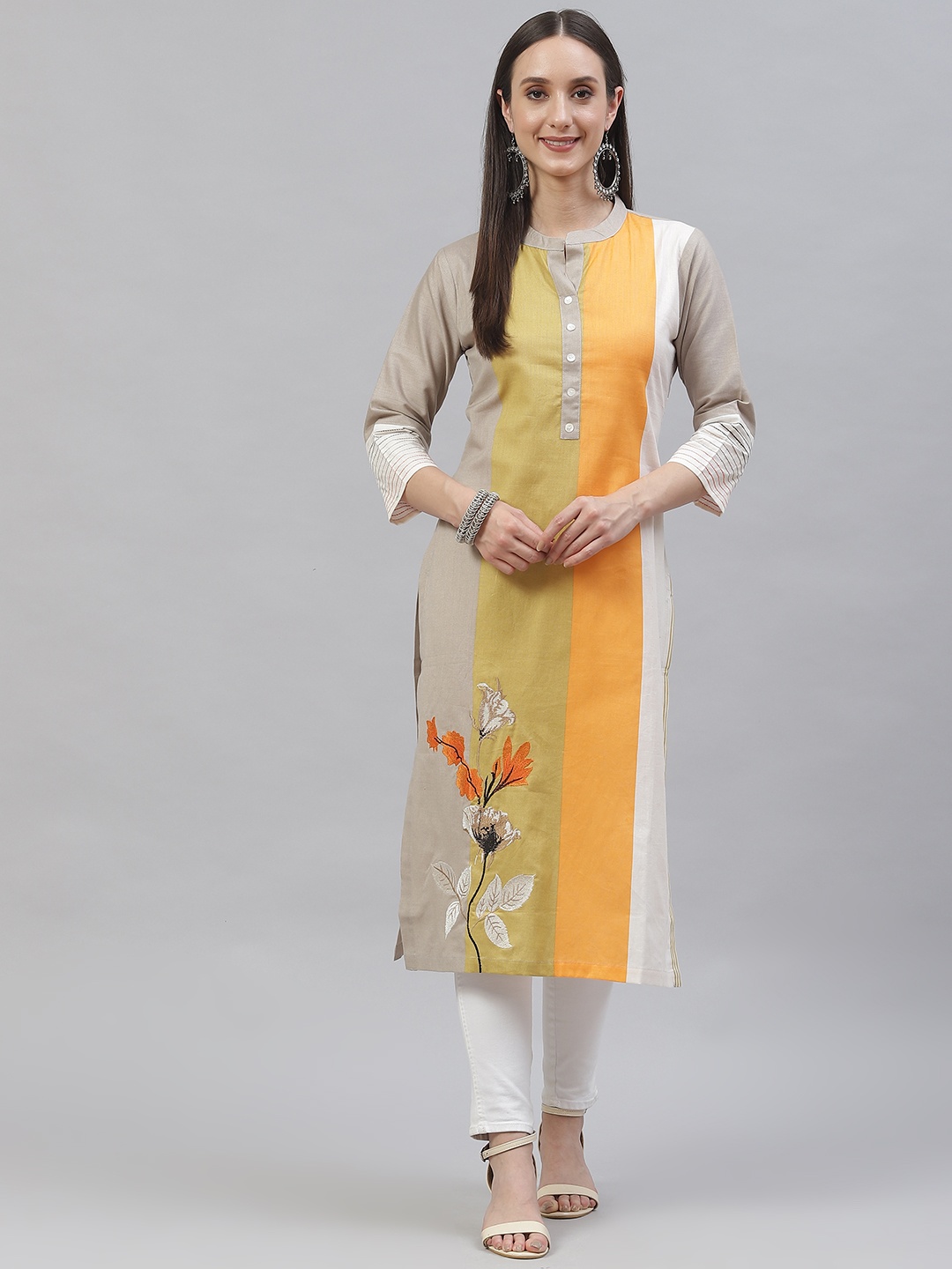 

INDYES Women Grey & Orange Colourblocked Embroidered Detail Cotton Kurta