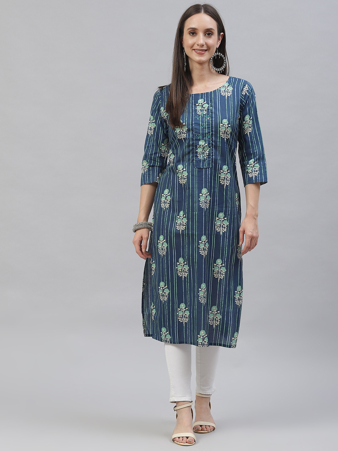 

INDYES Women Blue & Green Ethnic Motifs Printed Kurta