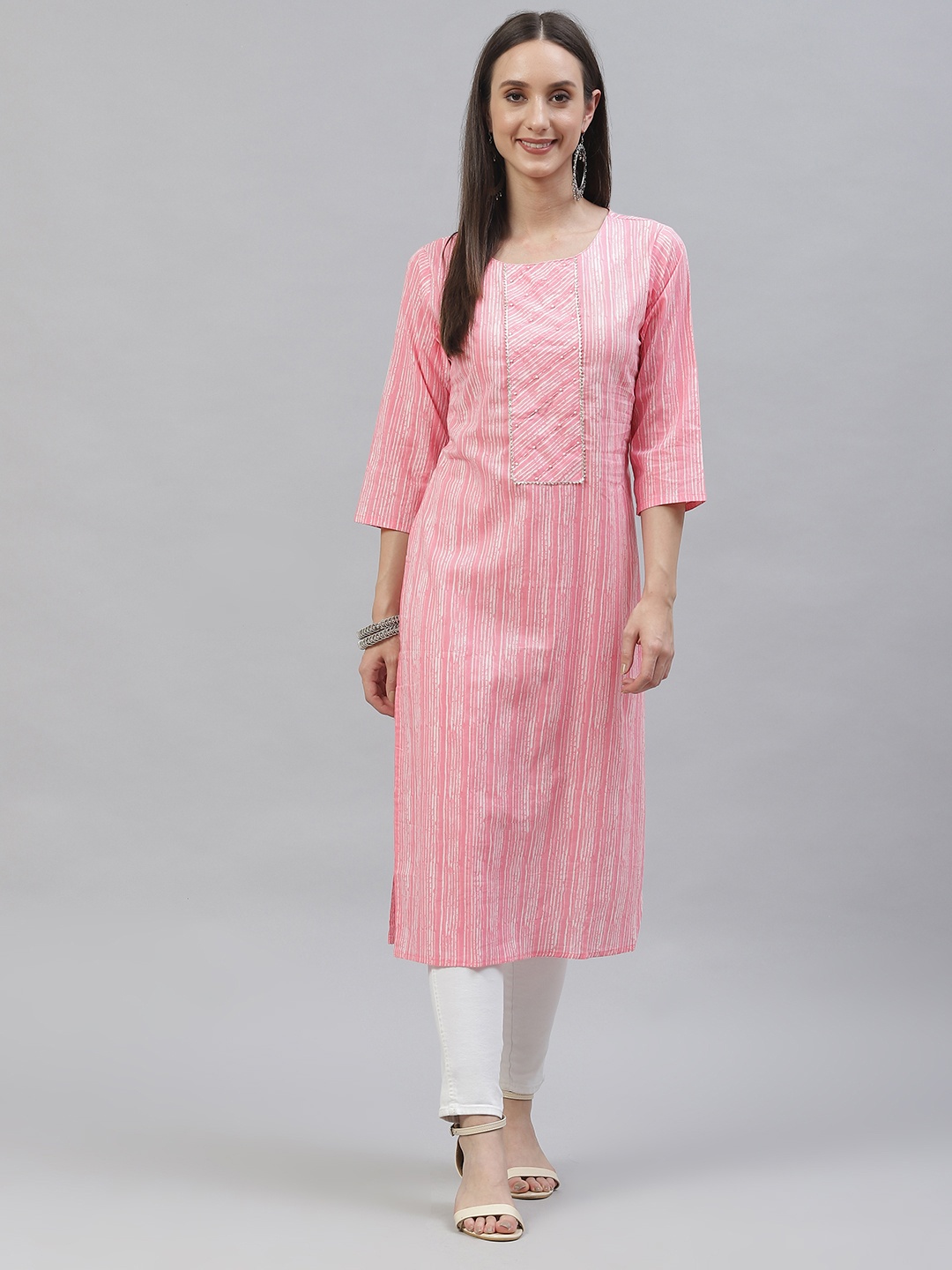 

INDYES Women Pink & White Striped Gotta Patti Cotton Kurta