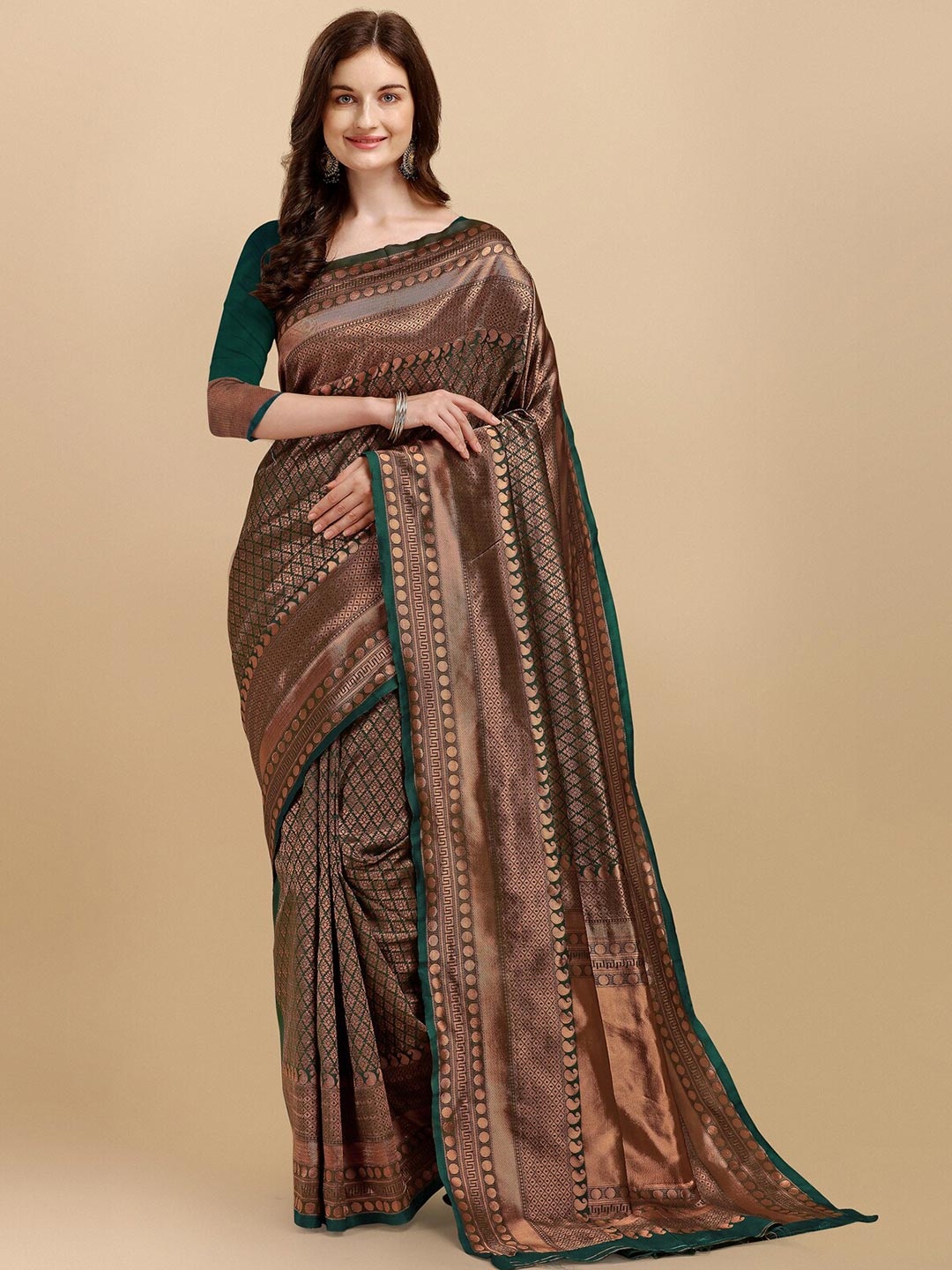 

Wuxi Copper-Toned & Green Woven Design Zari Pure Silk Banarasi Saree