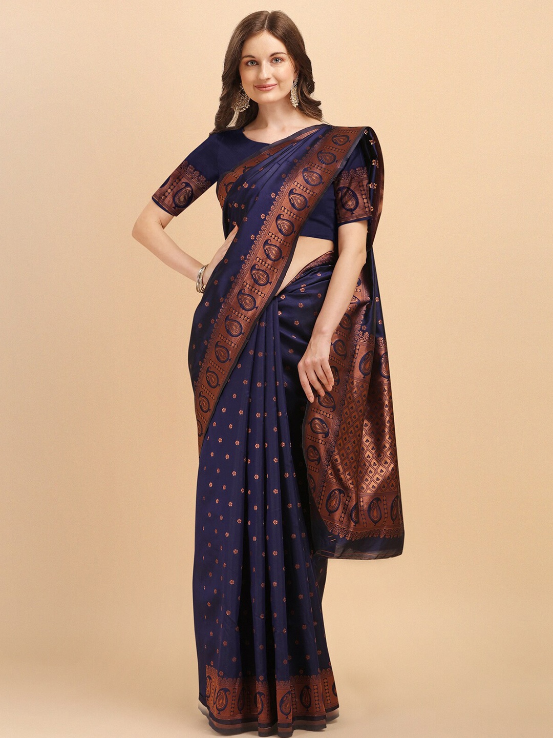 

Wuxi Navy Blue & Copper-Toned Woven Design Zari Pure Silk Banarasi Saree