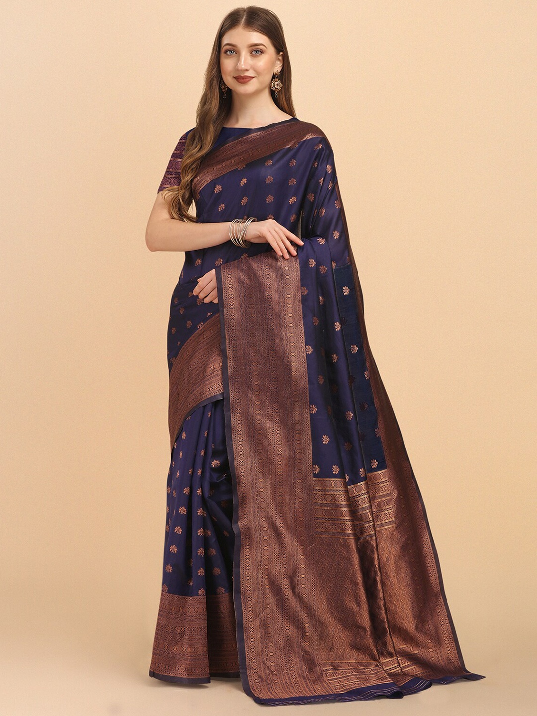 

Wuxi Navy Blue & Copper-Toned Woven Design Zari Pure Silk Banarasi Saree