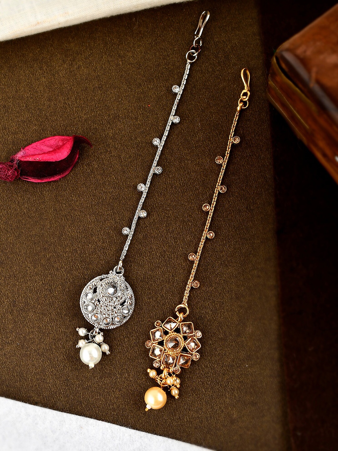 

Shoshaa Set Of 2 Silver & Gold-Plated Stone-Studded & Beaded Maang Tikka