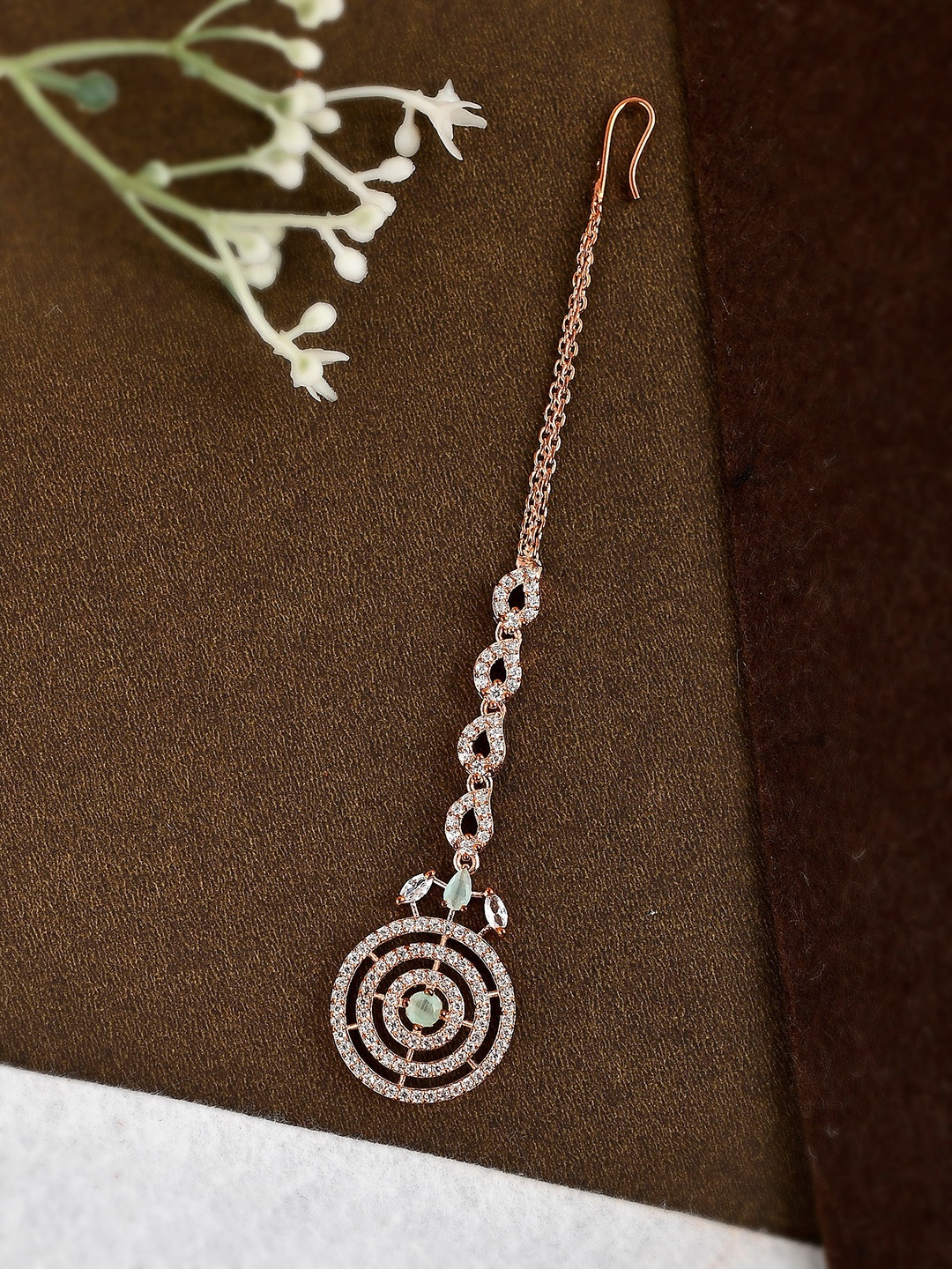 

Shoshaa Rose Gold-Plated White AD-Studded Maang Tikka