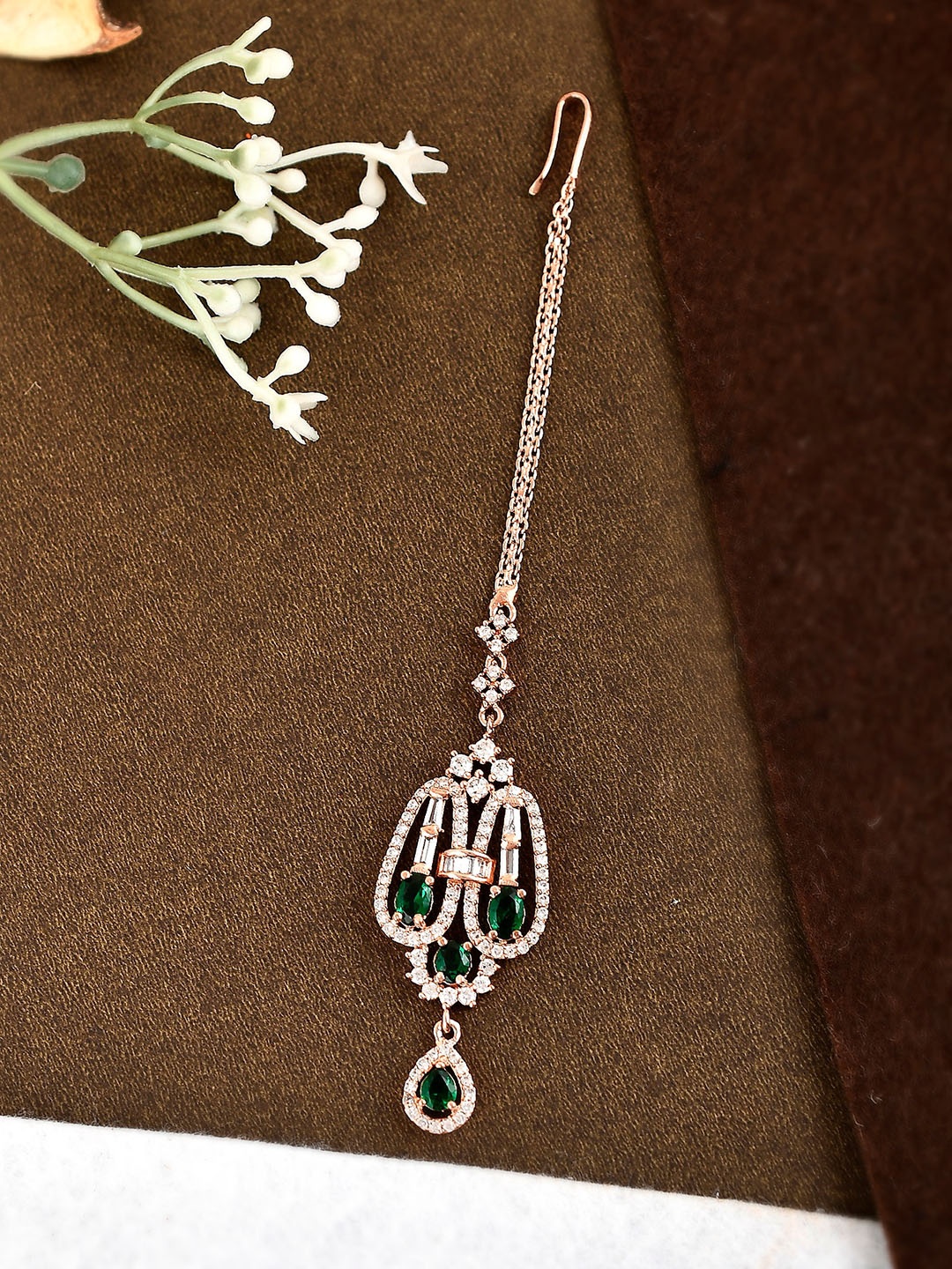 

Shoshaa Rose Gold-Plated Green & White AD-Studded Maang Tikka