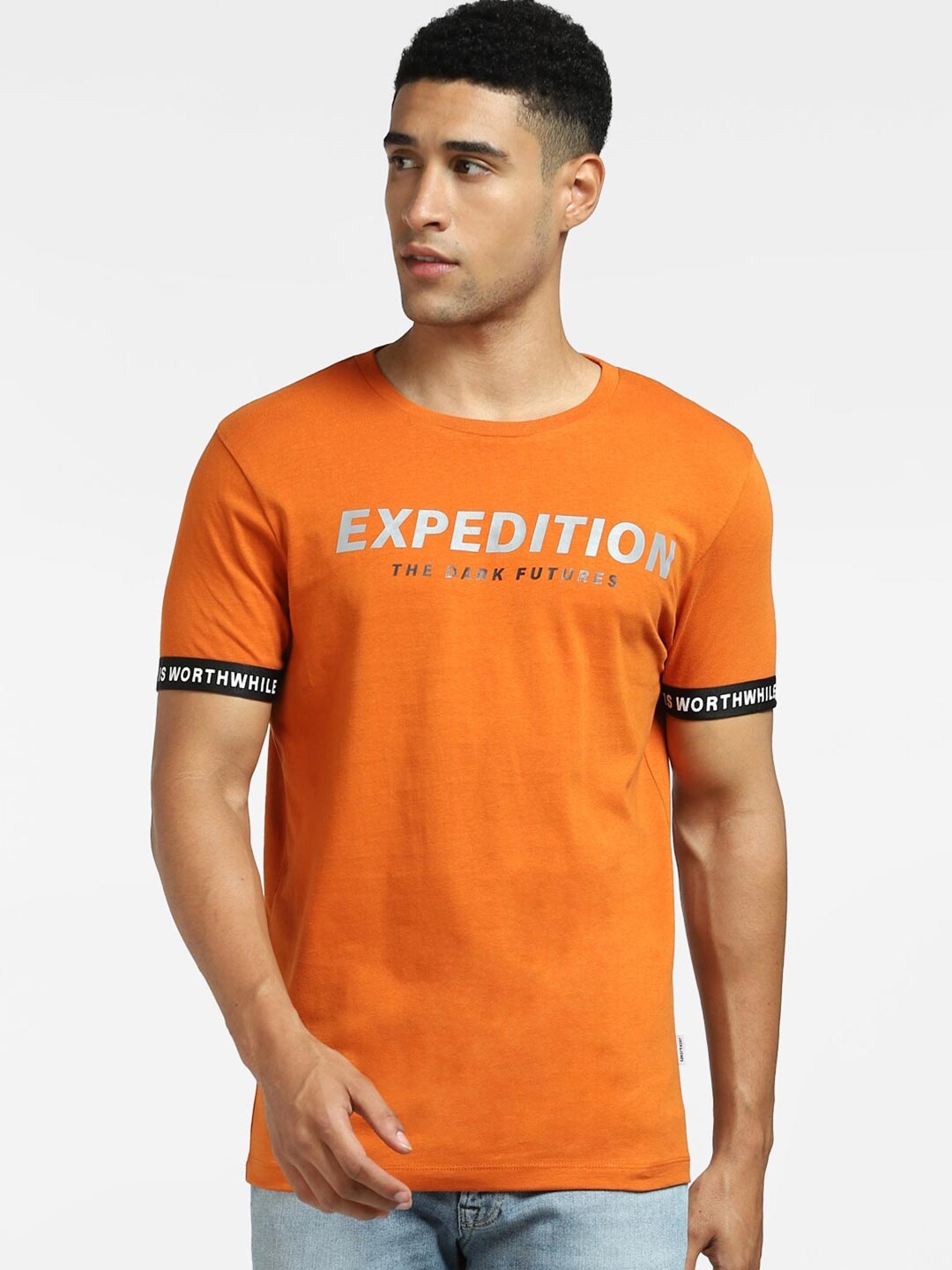 

Jack & Jones Men Orange Typography Checked Extended Sleeves Applique T-shirt