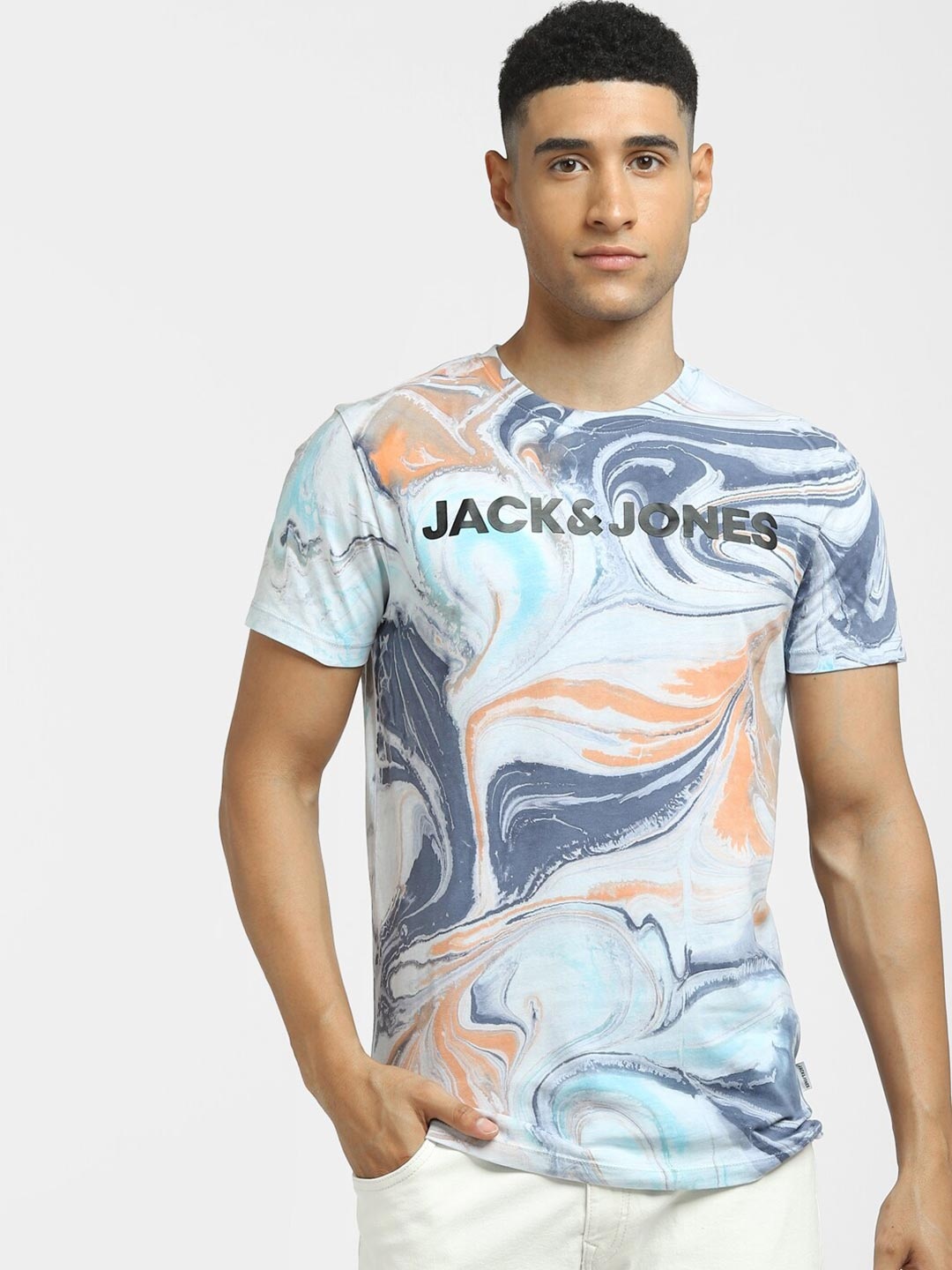 

Jack & Jones Men Blue Striped Applique T-shirt