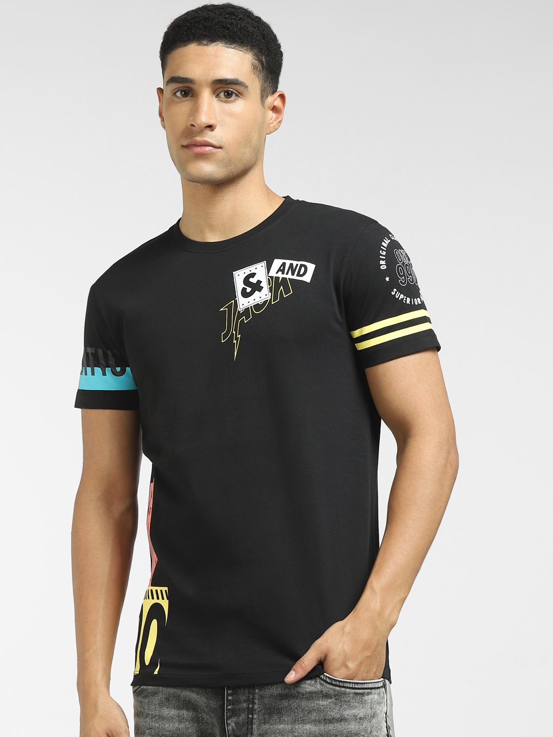 

Jack & Jones Men Black Typography V-Neck Applique T-shirt