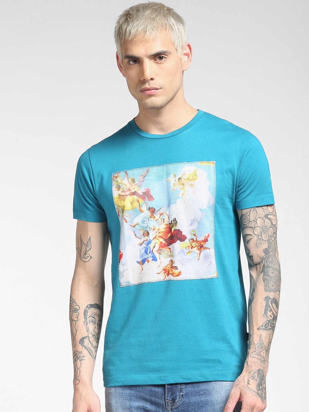 

Jack & Jones Men Blue Printed V-Neck T-shirt