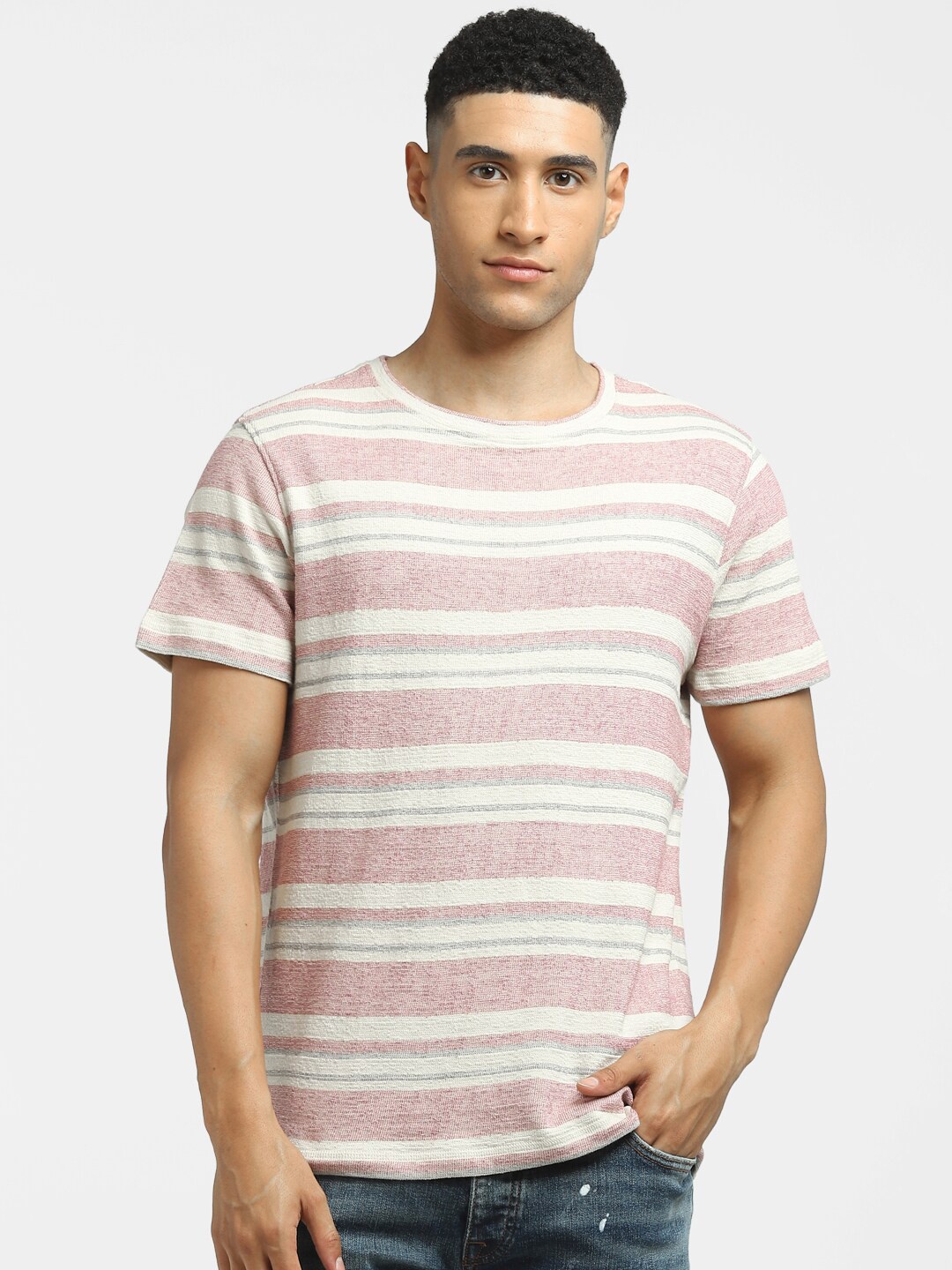 

Jack & Jones Men Pink Striped V-Neck Extended Sleeves T-shirt
