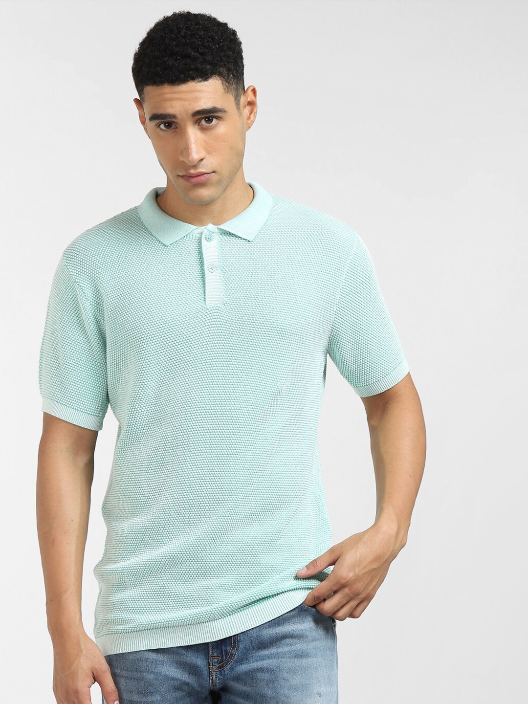 

Jack & Jones Men Blue Striped Polo Collar T-shirt