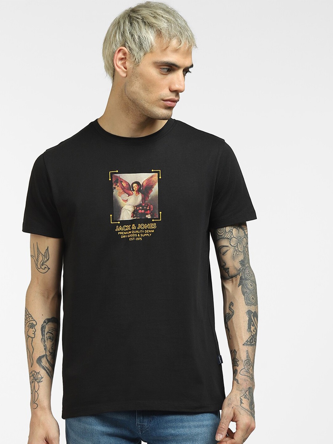 

Jack & Jones Men Black Striped High Neck T-shirt