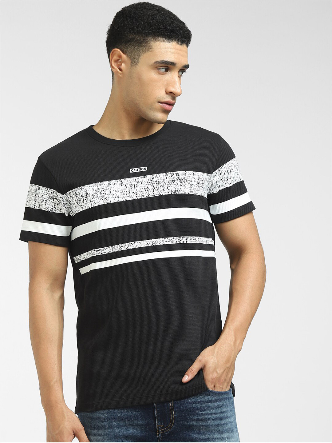

Jack & Jones Men Black Striped V-Neck T-shirt