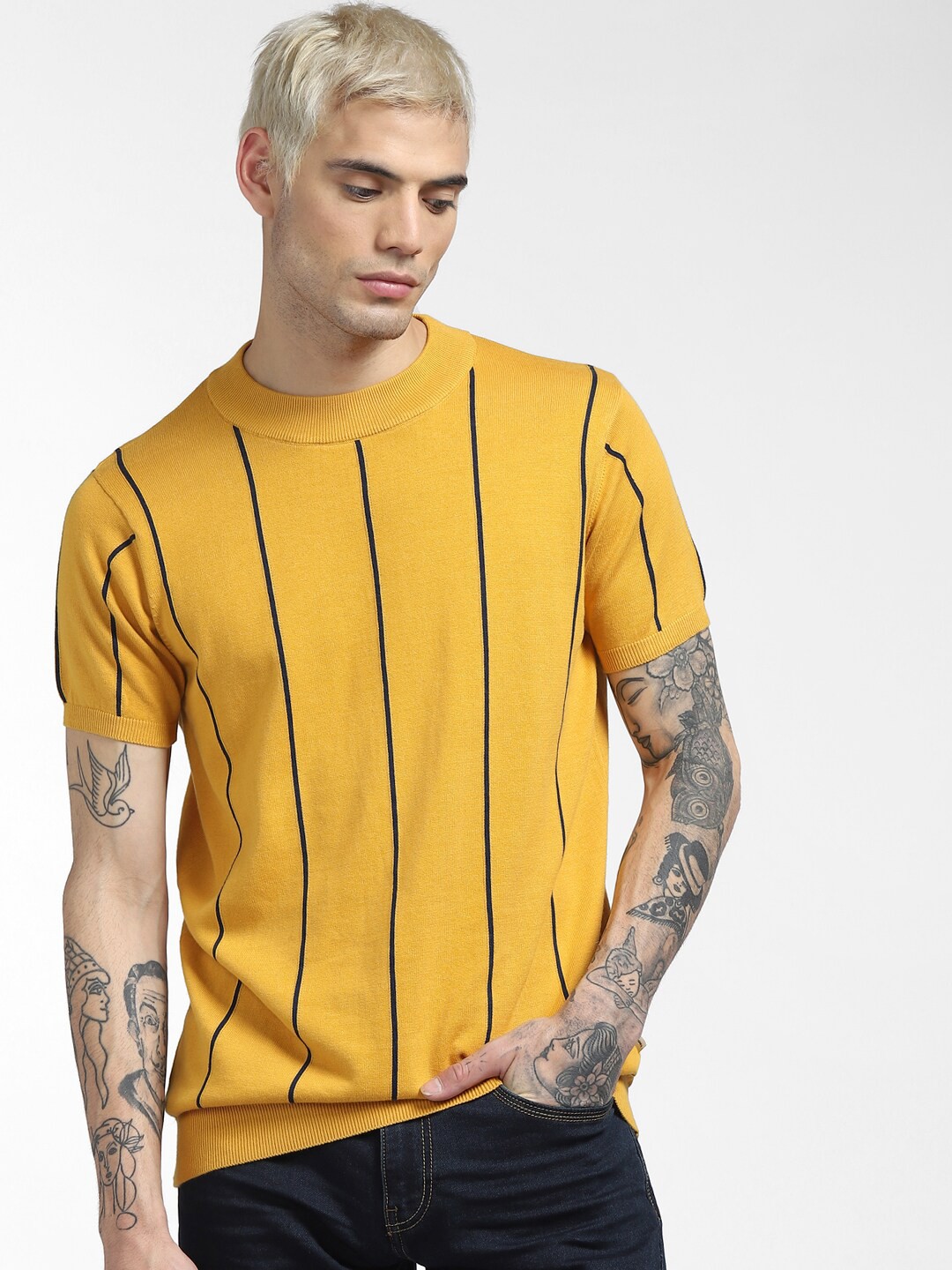 

Jack & Jones Men Yellow Printed Henley Neck T-shirt