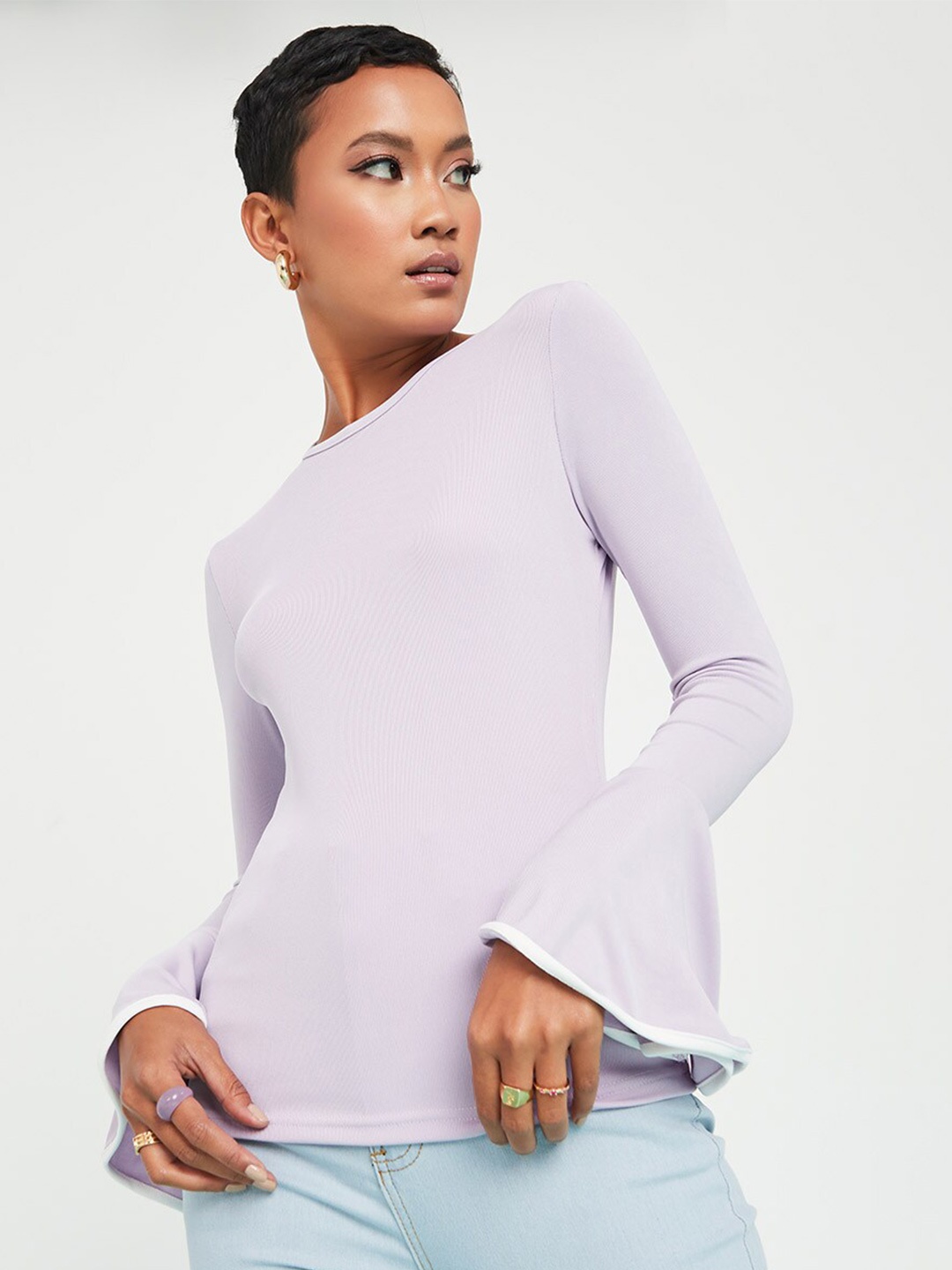 

Styli Lavender Bell Sleeves Round Neck Rib Fitted Top