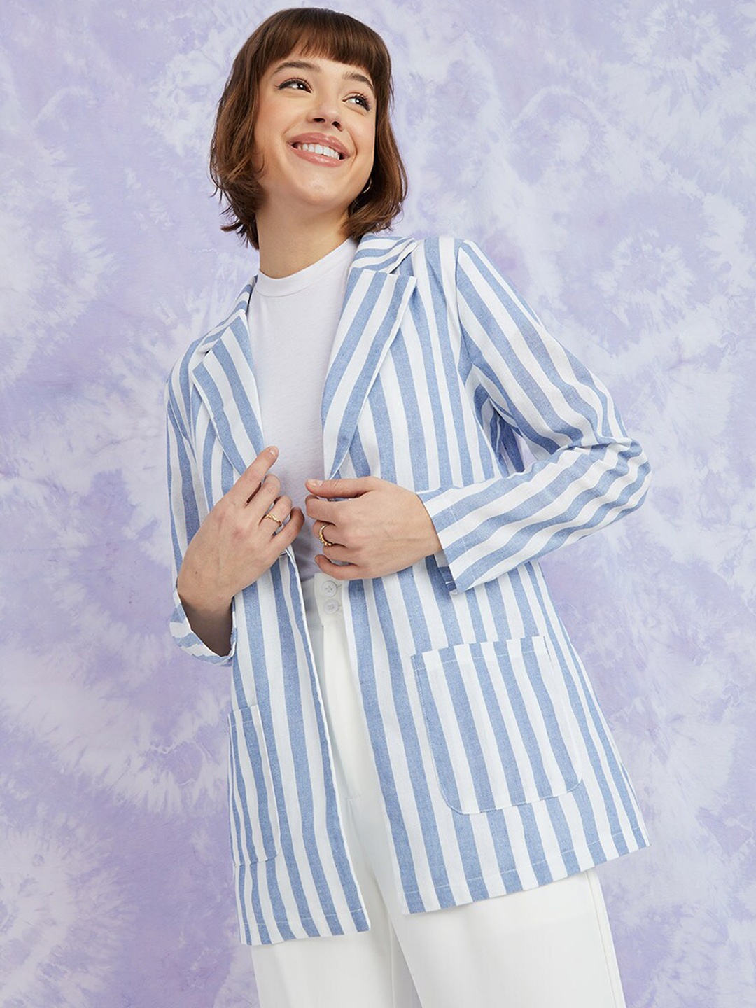 

Styli Women White & Blue Striped Longline Blazer with Patch Pocket