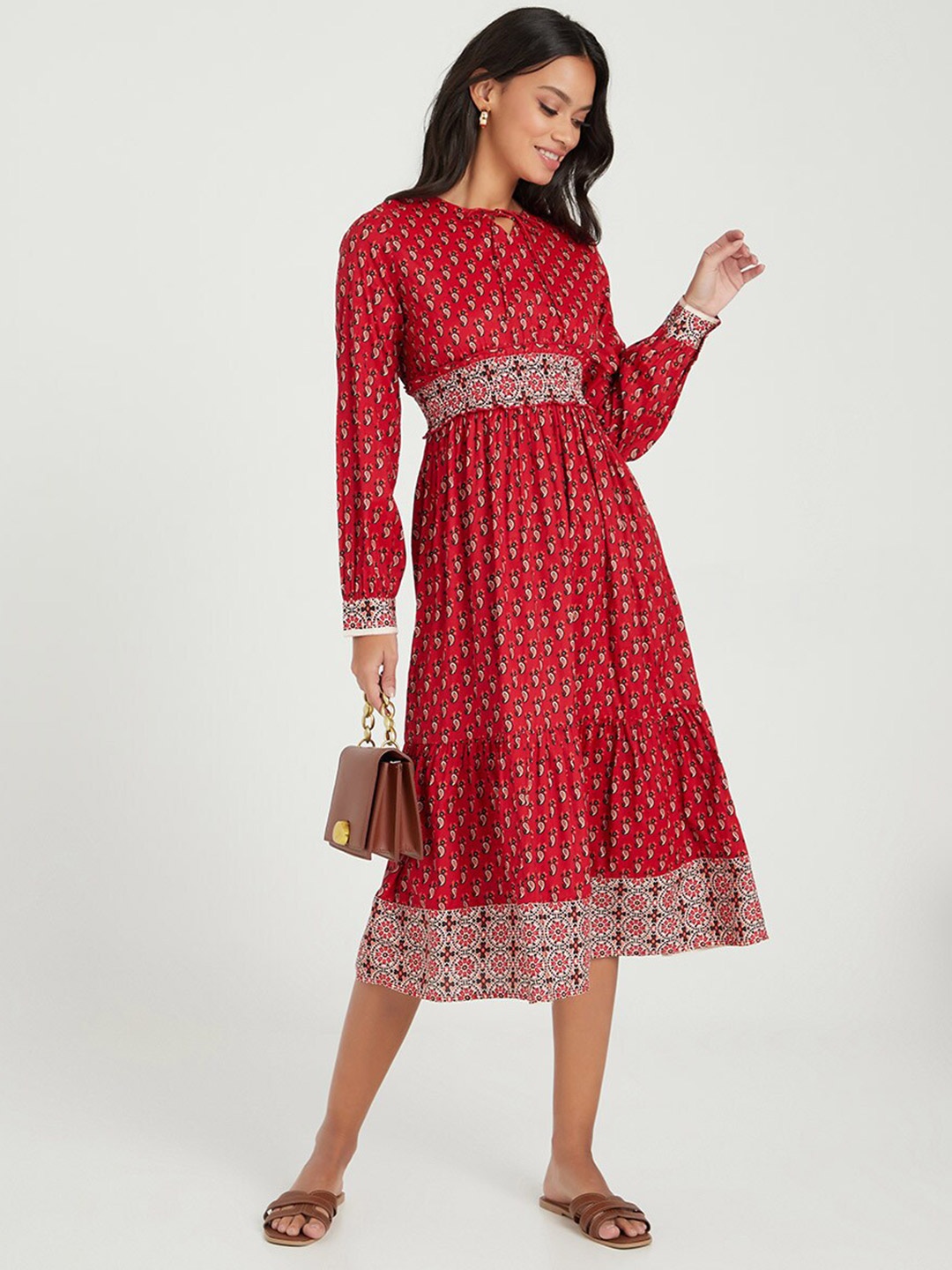 

Styli Red Long Sleeves Paisley Print Midi Dress