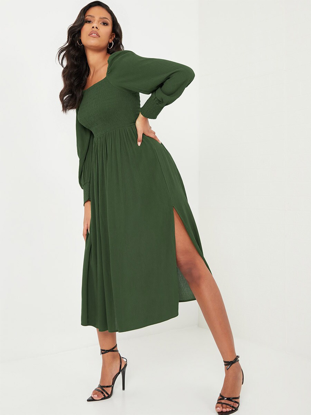 

Styli Olive Green Cuffed Sleeves Square Neck Smock Midi Dress with Slit Hem