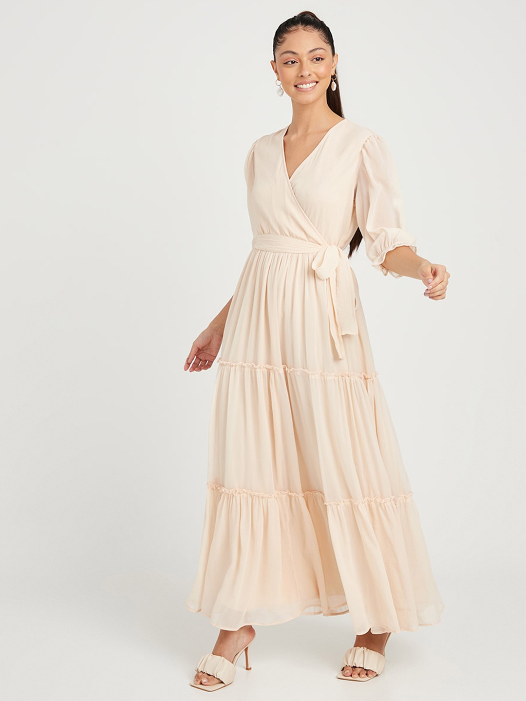 

Styli Cream-Coloured V Neck Tiered Maxi Dress with Waist Tie Up
