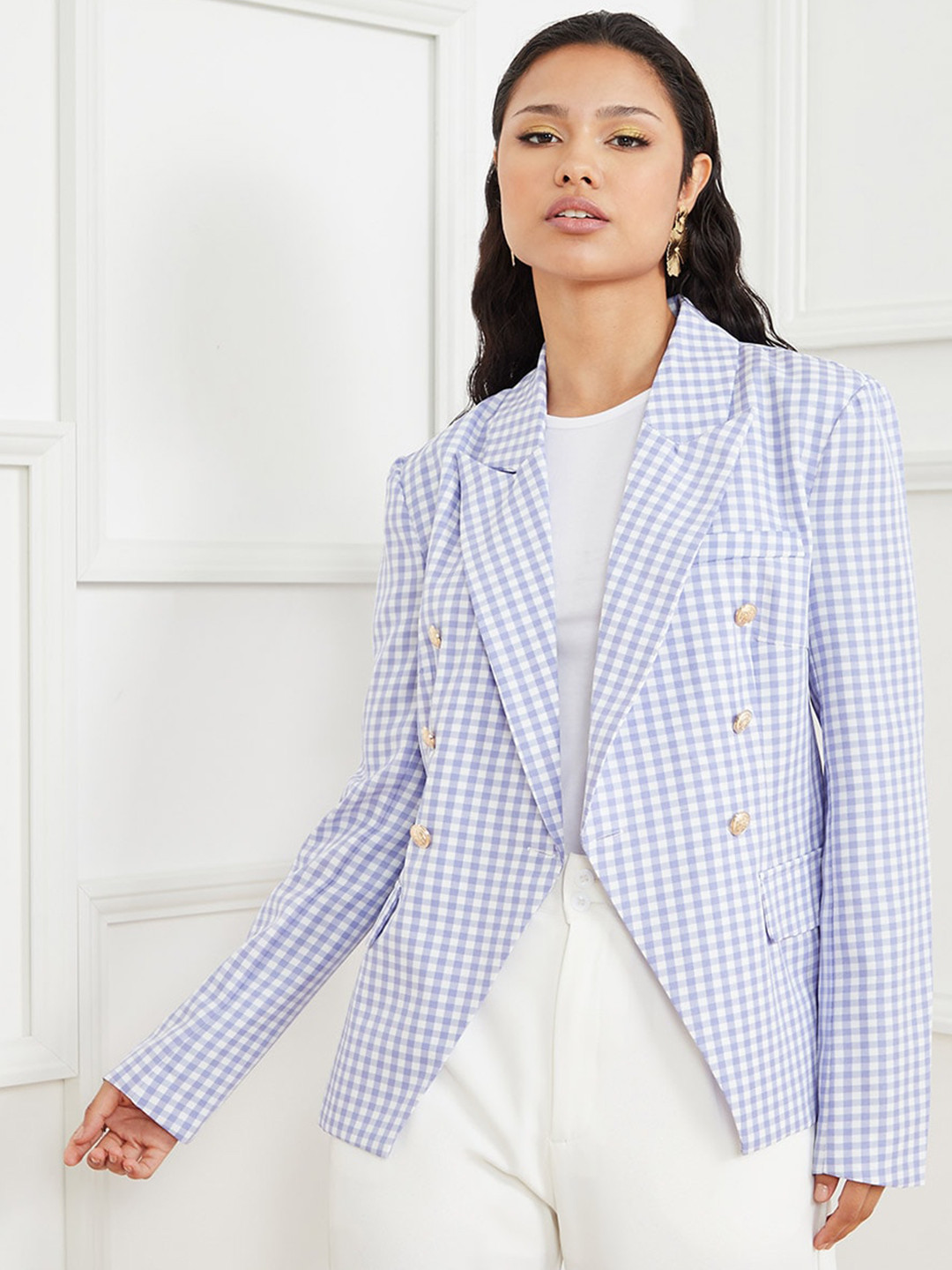 

Styli Women Blue Button Front Detail Gingham Check Regular Length Blazer