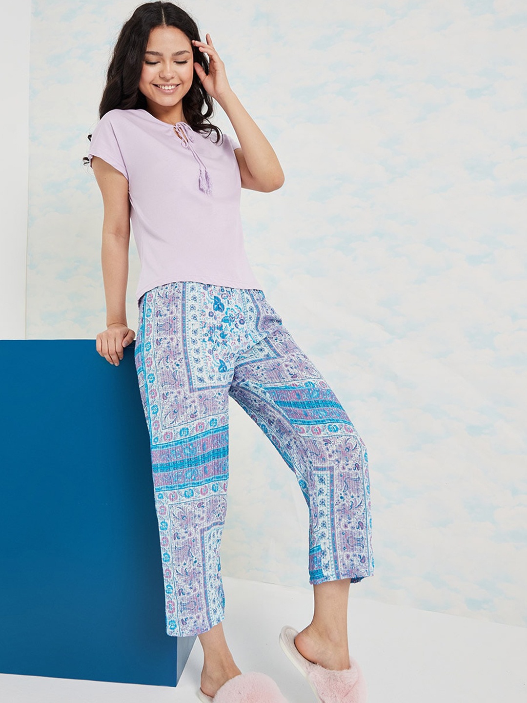 

Styli Women Purple & Blue Cotton Tassel Tie Neck T-shirt and Paisley Capri Pyjama Set