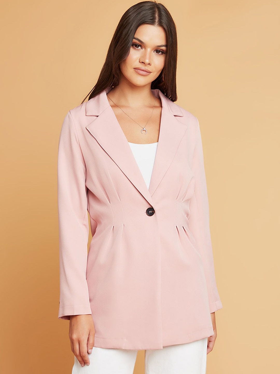 

Styli Women Pink Cinched Waist Long Sleeves Blazer