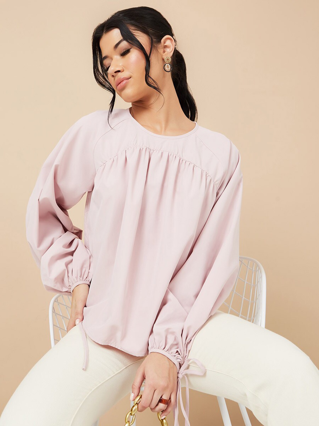 

Styli Pink Tie Cuff Balloon Sleeves Round Neck Top