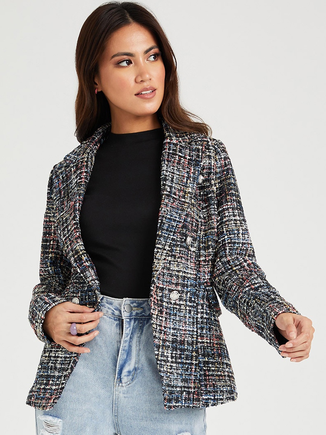 

Styli Women Black & White Self-Design Single Breasted Blazer