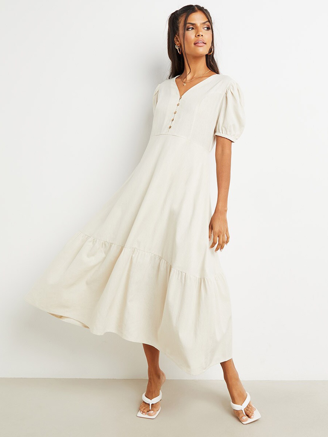 

Styli Beige Flared Maxi Dress