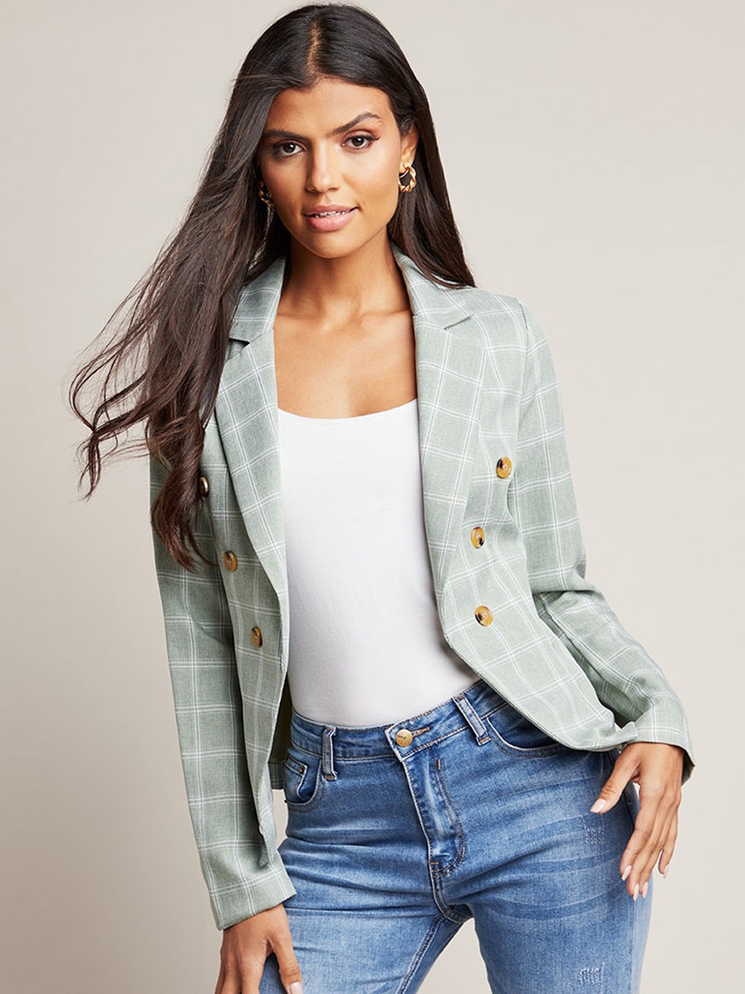 

Styli Women Green & White Checked Button Detail Blazers