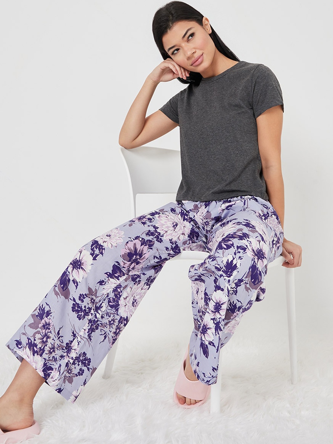

Styli Women Grey & Purple Cotton T-shirt and Floral Print Pyjama Set