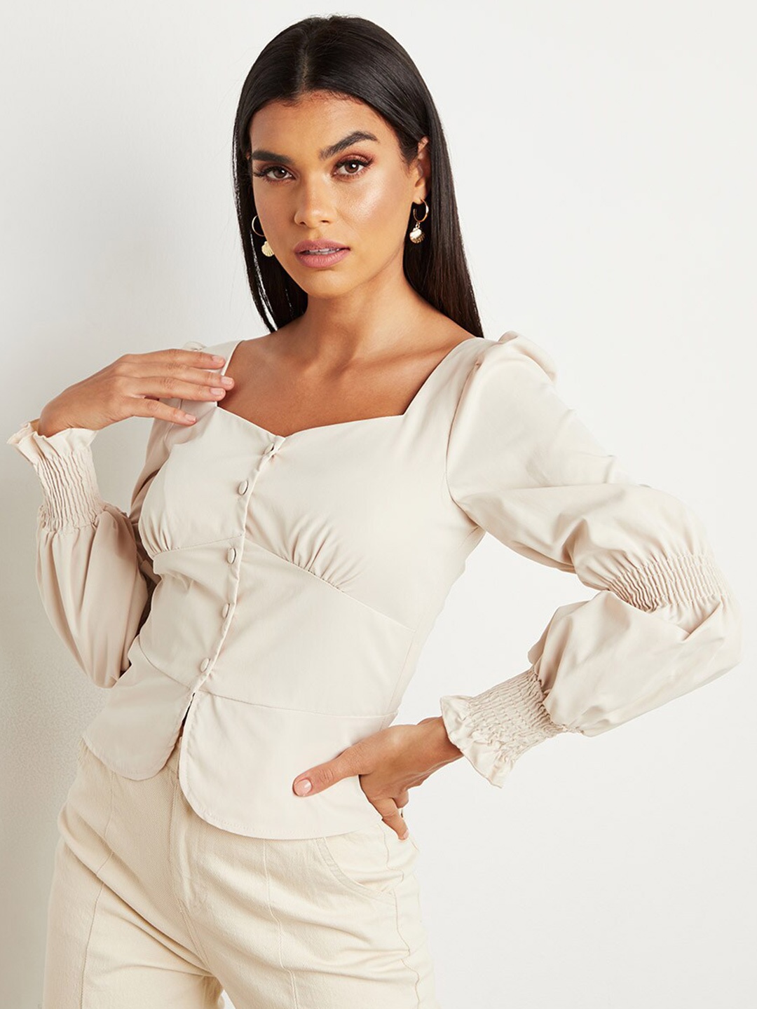 

Styli Cream-Coloured Button Through Bishop Sleeves Blouse