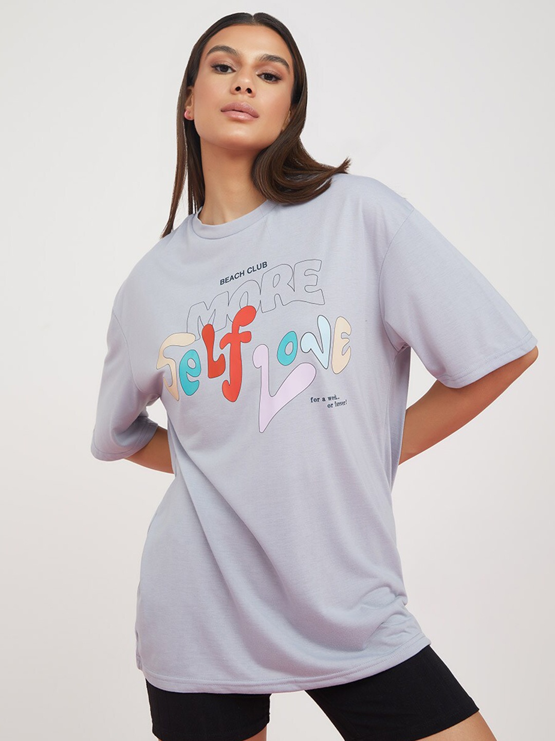 

Styli Grey Short Sleeves Self Love Slogan Oversized Longline T-shirt