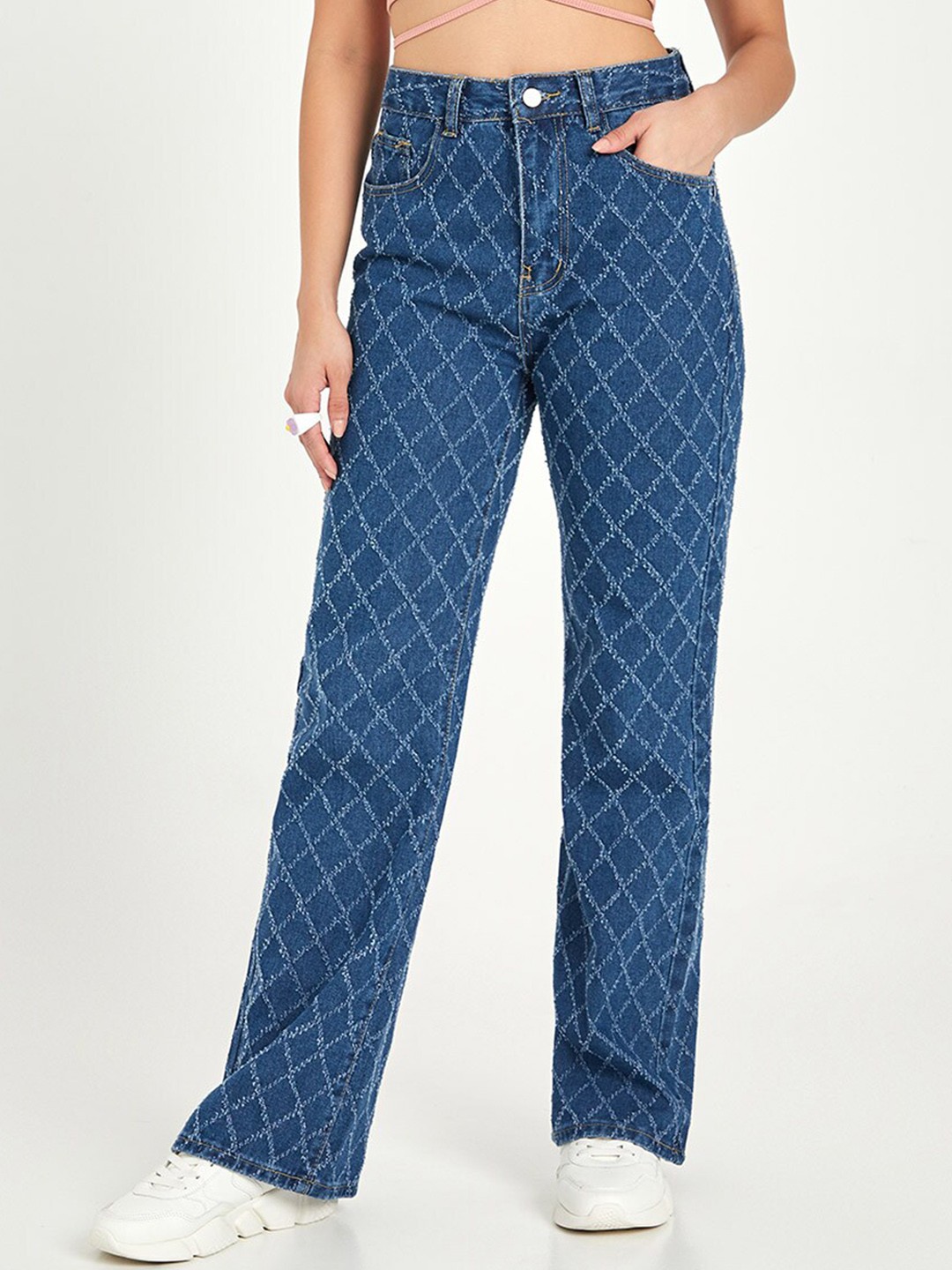 

Styli Women Blue Checked High Waist Wide Leg Jeans